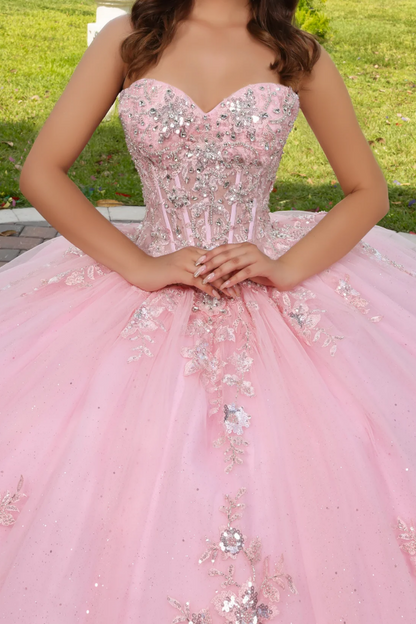 WQ1305 - Cute & Chic Ball Gown Off Shoulder Sleeveless Beaded Sequins Appliques Pink Tulle Quinceanera Dress Birthday Party Dress for Sweet 16