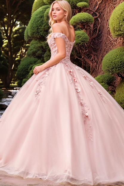 WQ1310 - Chic & Cute Ball Gown Off Shoulder Sleeveless Beaded 3D Flower Appliques Lace Up Pink Tulle Quinceanera Dress Birthday Party Gown for Sweet 16