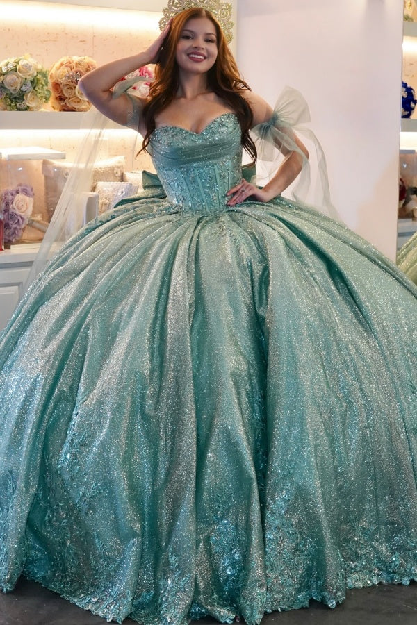 Langes Quinceanera-Kleid mit Herzausschnitt für Damen, trägerloses Korsett mit Blumenapplikationen, Perlenbesetztes Tüll-Ballkleid 