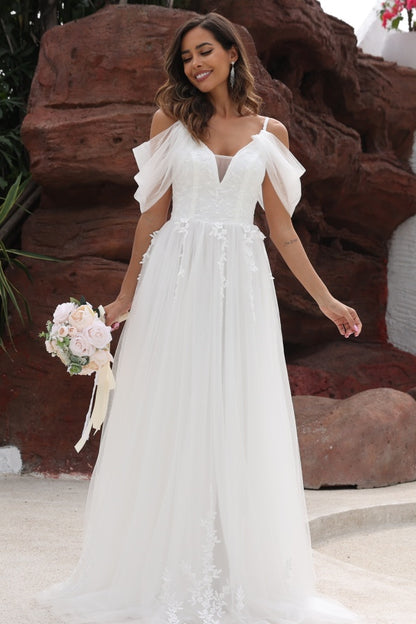 WW1009 - Chic A-Line Off Shoulder Spaghetti Straps Appliques Tulle Wedding Dress Floor Length Lace Up Beach Bride Gown