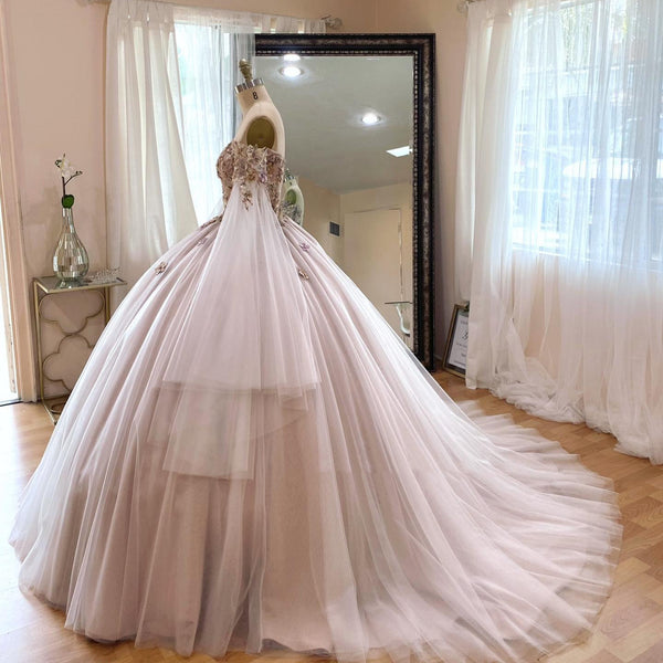 WQ1065 - Elegante vestido de quinceañera con hombros descubiertos, mangas largas, apliques de flores y tul para dulces 16