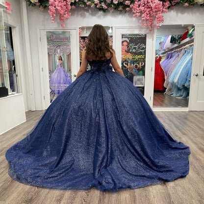 WQ1113 - Elegant & Classic Ball Gown Sweetheart Neck Sleeveless Navy Blue Tulle Quinceanera Dress Princess Prom Party Gown for Sweet 16