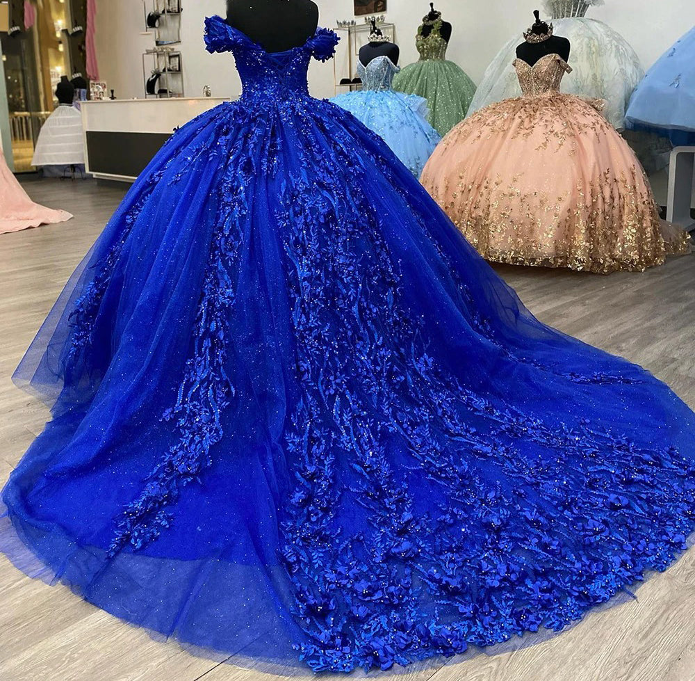 WQ1087 - Elegant Ball Gown Off Shoulder Flowers Lace Appliques Beaded Royal Blue Tulle Quinceanera Dress Princess Prom Gown for Sweet 16