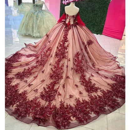 Prinzessin Weinrot Ballkleid Quinceanera Kleid mit langen Ärmeln 2024 3D Blumen Spitzenapplikationen Off Shoulder Perlen Sweet 16 Kleid Geburtstagsparty Kleid