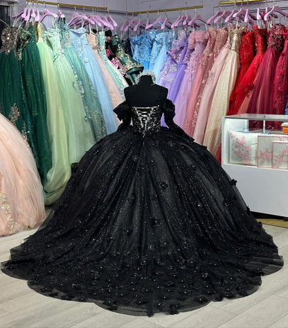 Black Off Shoulder Sweetheart Princess Quinceanera Dresses with Long Sleeves Flowers Appliques Glitter Tulle Prom Party Gowns Sweet 16 Dress