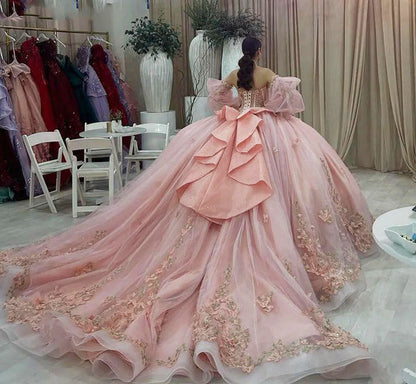 Pink 3D Flowers Lace Appliques 2024 Quinceanera Dress Ball Gown with Puff Sleeves Sweetheart Neck Beaded Corset Princess Party Gown