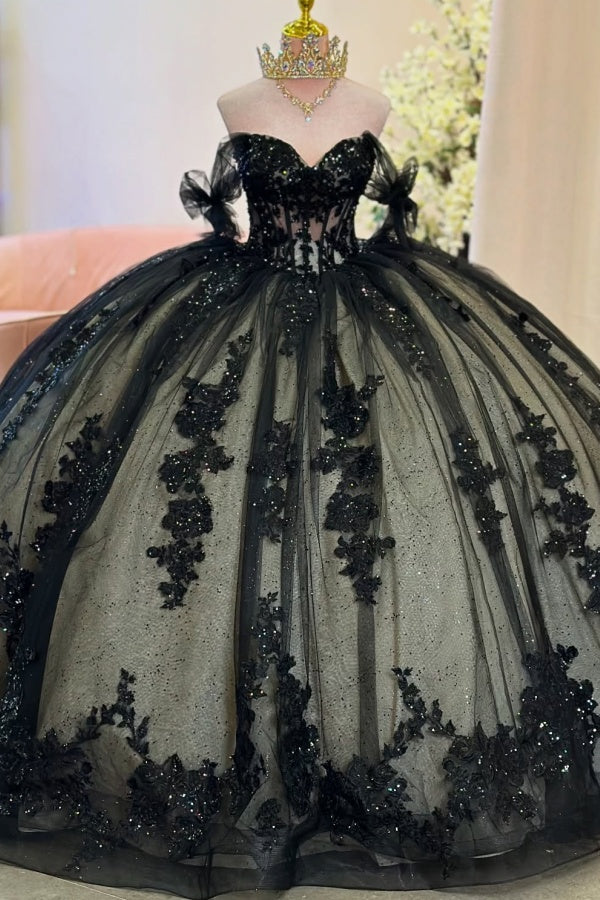 WQ1425 - Vestido de quinceañera de tul negro, sin mangas, con hombros descubiertos, plisado, apliques de lentejuelas, para fiesta de cumpleaños y noche.