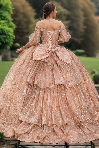 WQ1295 - Glamorous & Sparkly Ball Gown Off Shoulder Half Sleeves 3D Butterfly Appliques Glitter Rose Gold Tulle Quinceanera Dress Birthday Party Dress for Sweet 16