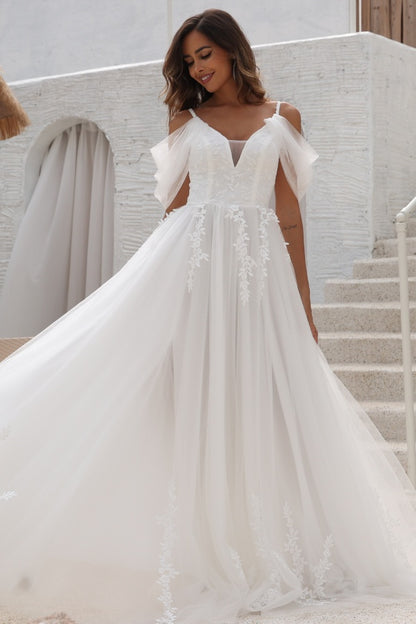 WW1009 - Chic A-Line Off Shoulder Spaghetti Straps Appliques Tulle Wedding Dress Floor Length Lace Up Beach Bride Gown