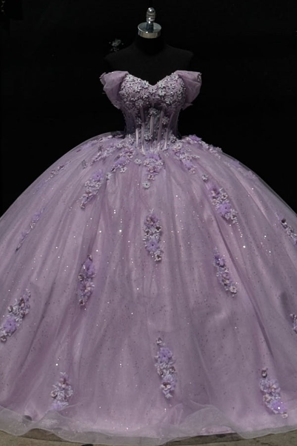 Langes Quinceanera-Kleid mit Herzausschnitt für Damen, trägerloses Korsett mit Blumenapplikationen, Perlenbesetztes Tüll-Ballkleid 