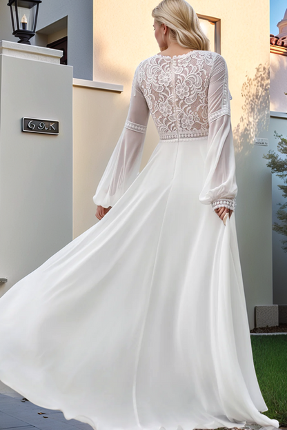 WW1035 - Elegant A-Line Low V Neck Long Lantern Sleeves Appliques Back Zipper Chiffon Boho Wedding Dress Beach Bride Gown