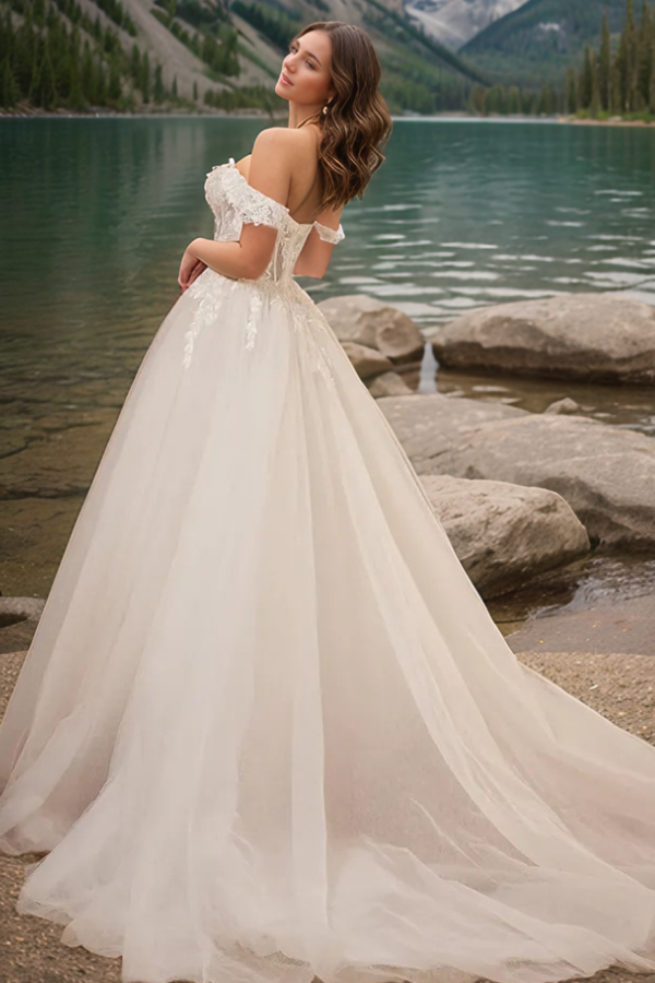 WW1025 - Elegant A-Line Off Shoulder Sleeveless Back Zipper Appliques Tulle Wedding Dress Beach Bride Gown