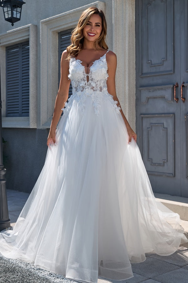 WW1005 - Elegant A-Line V Neck Spaghetti Straps Sleeveless Tulle Wedding Dress Appliques V Back Floor Length Bridal Gown