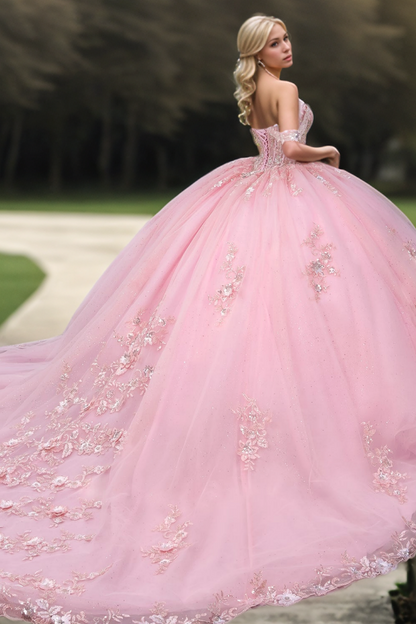 WQ1305 - Cute & Chic Ball Gown Off Shoulder Sleeveless Beaded Sequins Appliques Pink Tulle Quinceanera Dress Birthday Party Dress for Sweet 16