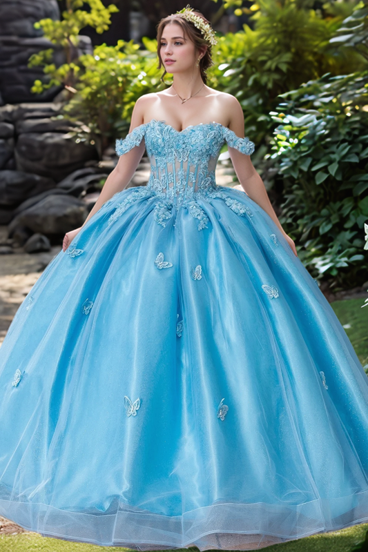 WQ1270 - Elegant & Gorgeous Ball Gown Off Shoulder Sleeveles 3D Butterfly Appliques Tulle Quinceanera Dress Prom Party Dress for Sweet 16