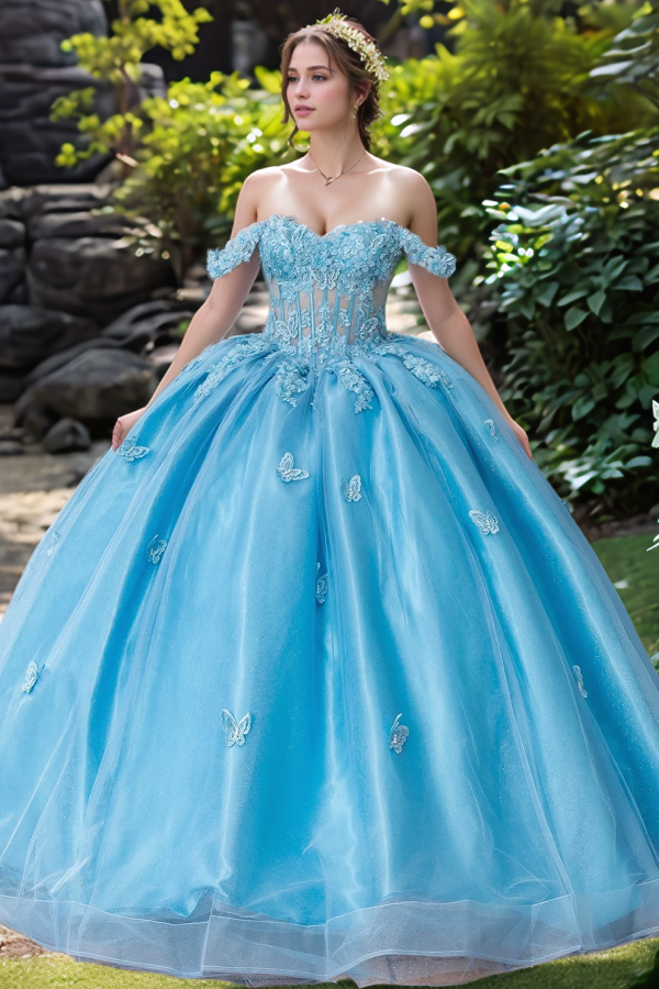 Langes Quinceanera-Kleid mit Herzausschnitt für Damen, trägerloses Korsett mit Blumenapplikationen, Perlenbesetztes Tüll-Ballkleid 