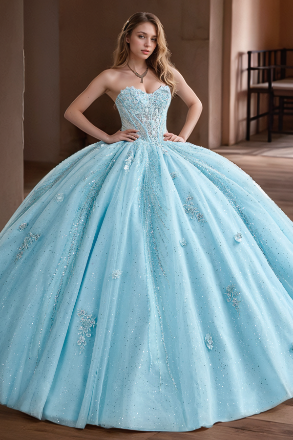 Robes longues de Quinceanera pour femmes, Corset sans bretelles avec appliques florales, robe de bal en Tulle perlé