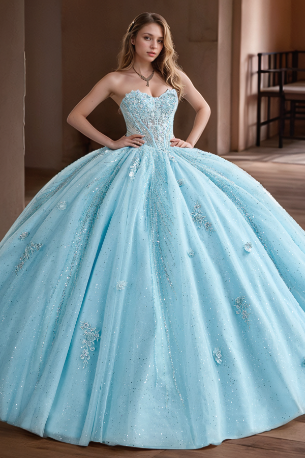 WQ1280 - Elegante y brillante vestido de fiesta sin tirantes, sin mangas, con apliques de flores, cola dulce, vestido de quinceañera de tul azul cielo, vestido formal de fiesta de noche para dulces 16