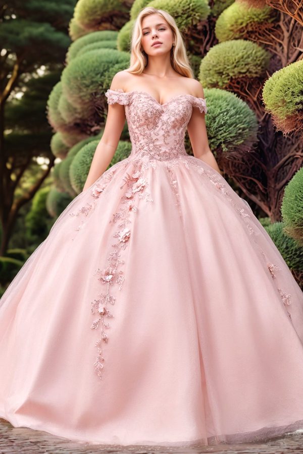 WQ1310 - Chic & Cute Ball Gown Off Shoulder Sleeveless Beaded 3D Flower Appliques Lace Up Pink Tulle Quinceanera Dress Birthday Party Gown for Sweet 16