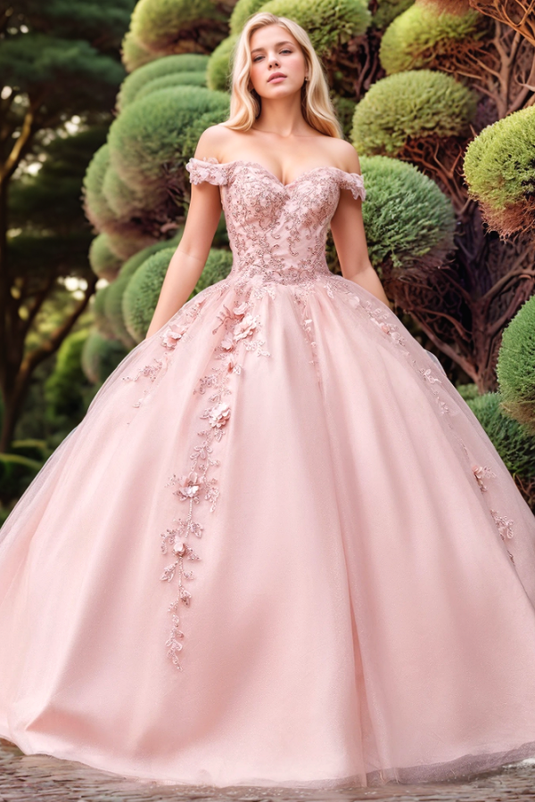 Langes Quinceanera-Kleid mit Herzausschnitt für Damen, trägerloses Korsett mit Blumenapplikationen, Perlenbesetztes Tüll-Ballkleid 