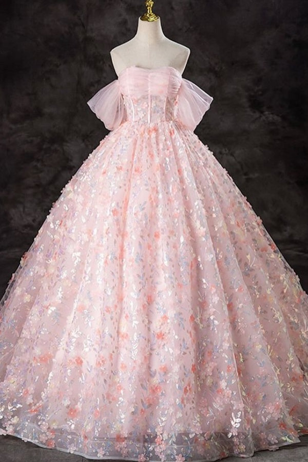 A-Line Off Shoulder Ruched Fully Sequins Appliques Pink Tulle Prom Dress WU1477