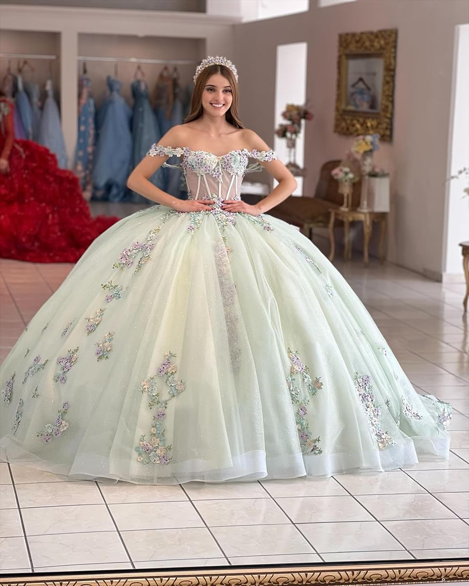 Mintgrünes Prinzessinnen-Ballkleid Quinceanera-Kleid, schulterfrei, Korsett, 3D-Blumen, Spitzenapplikationen, geschwollene Perlen, Sweet 16, Abschlussball, Partykleid