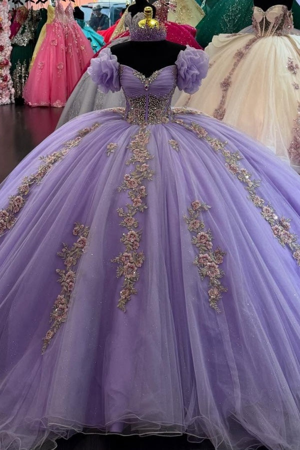 Langes Quinceanera-Kleid mit Herzausschnitt für Damen, trägerloses Korsett mit Blumenapplikationen, Perlenbesetztes Tüll-Ballkleid 