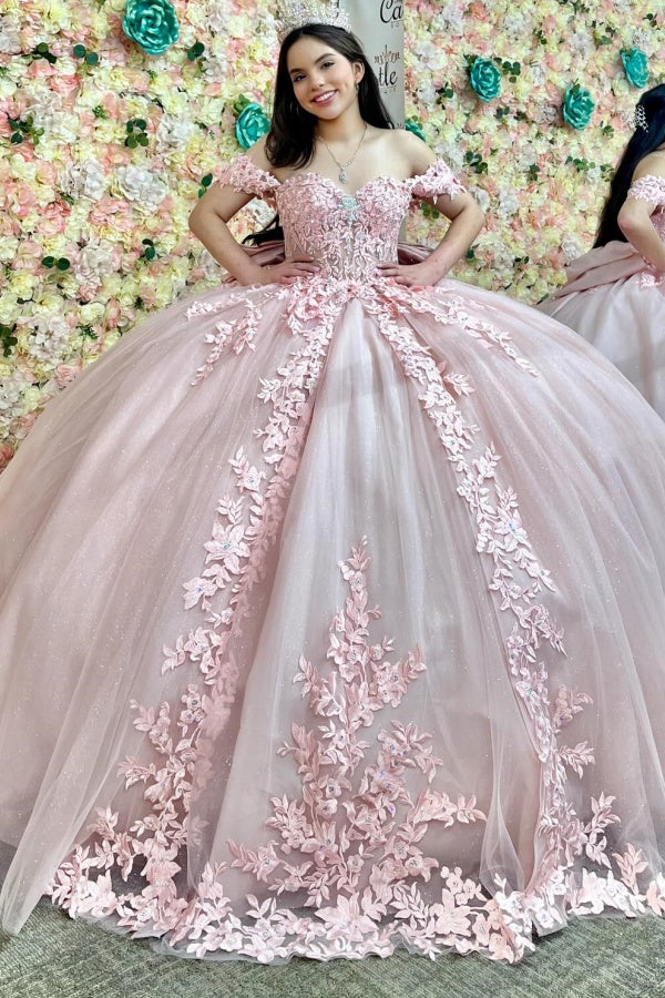 Langes Quinceanera-Kleid mit Herzausschnitt für Damen, trägerloses Korsett mit Blumenapplikationen, Perlenbesetztes Tüll-Ballkleid 