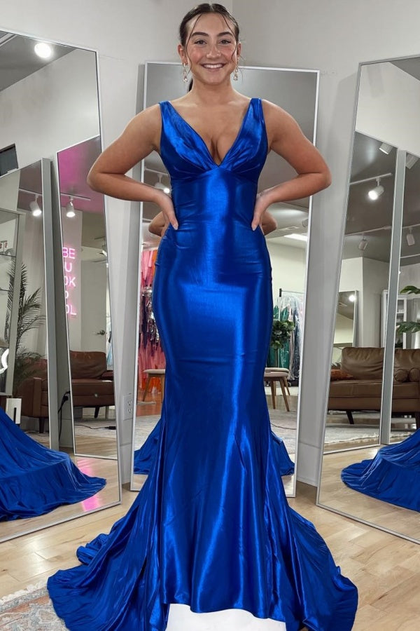 Mermaid V Neck Straps Pleated Prom Dress WU1391