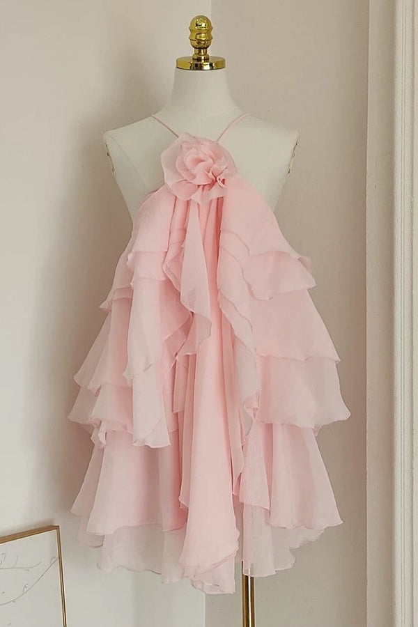 A-Line Halter Ruffles Tiered 3D Flowers Open Back Chiffon Homecoming Dress WH1045