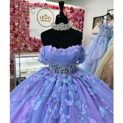 Sexy Strapless Quinceanera Dress Off The Shoulder 3D Floral Appliques Lace Beads Corset Ball Gown Glitter Tulle Princess Party Gown