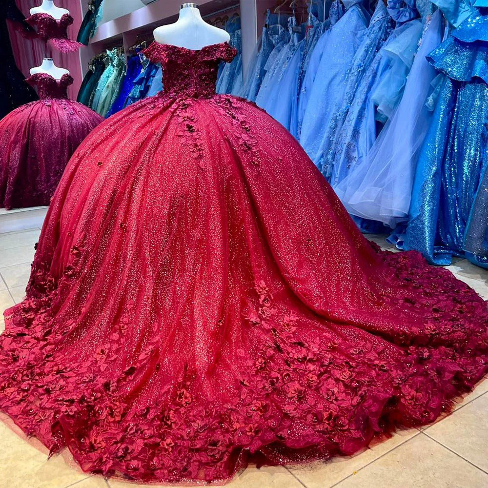 Sparkly Red Quinceanera Dresses Off The Shoulder Beads Floral Appliques Ball Gown Sweet 15 16 Dress Glitter Tulle Birthday Princess Party Gowns