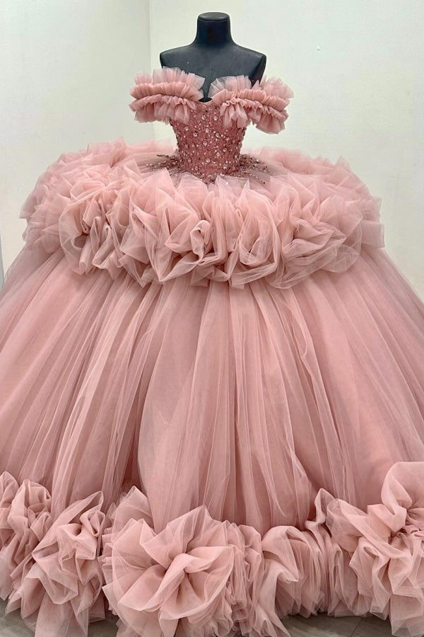 Langes Quinceanera-Kleid mit Herzausschnitt für Damen, trägerloses Korsett mit Blumenapplikationen, Perlenbesetztes Tüll-Ballkleid 