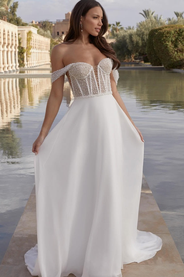 A-Line Off Shoulder Beaded Chiffon Floor Length Wedding Dress WW1051