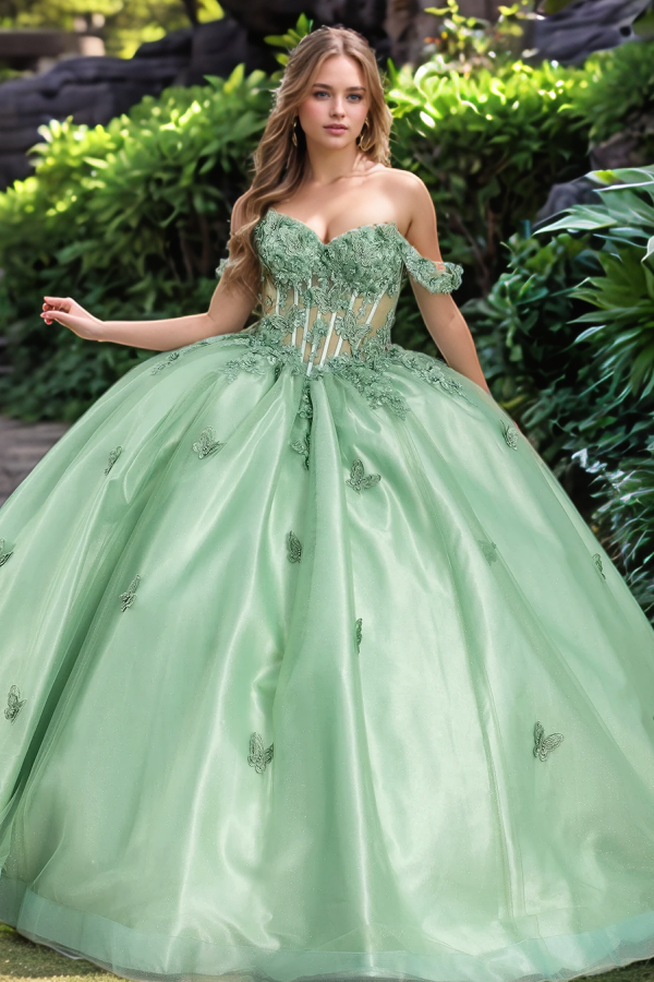 WQ1270 - Elegant & Gorgeous Ball Gown Off Shoulder Sleeveles 3D Butterfly Appliques Tulle Quinceanera Dress Prom Party Dress for Sweet 16