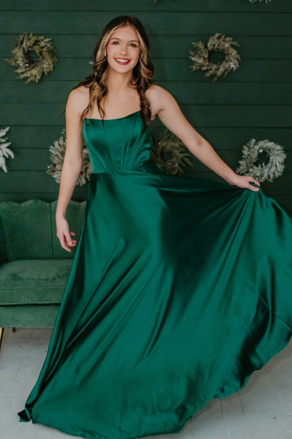A-Line Boat Neck Dark Green Satin Prom Dress WU1405
