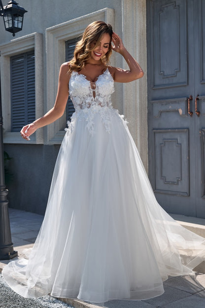 WW1005 - Elegant A-Line V Neck Spaghetti Straps Sleeveless Tulle Wedding Dress Appliques V Back Floor Length Bridal Gown