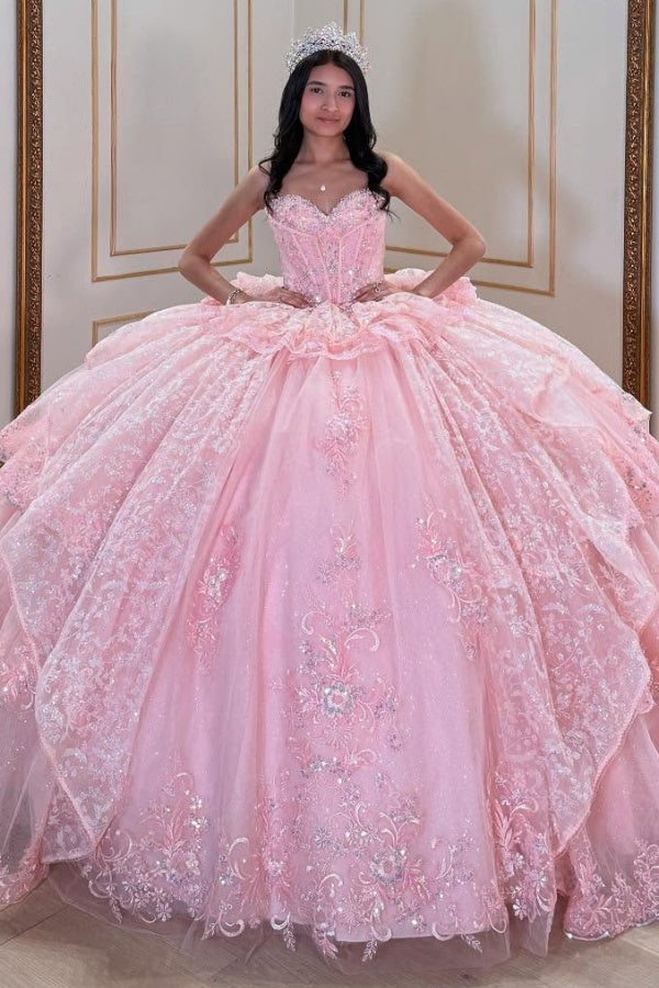 Langes Quinceanera-Kleid mit Herzausschnitt für Damen, trägerloses Korsett mit Blumenapplikationen, Perlenbesetztes Tüll-Ballkleid 