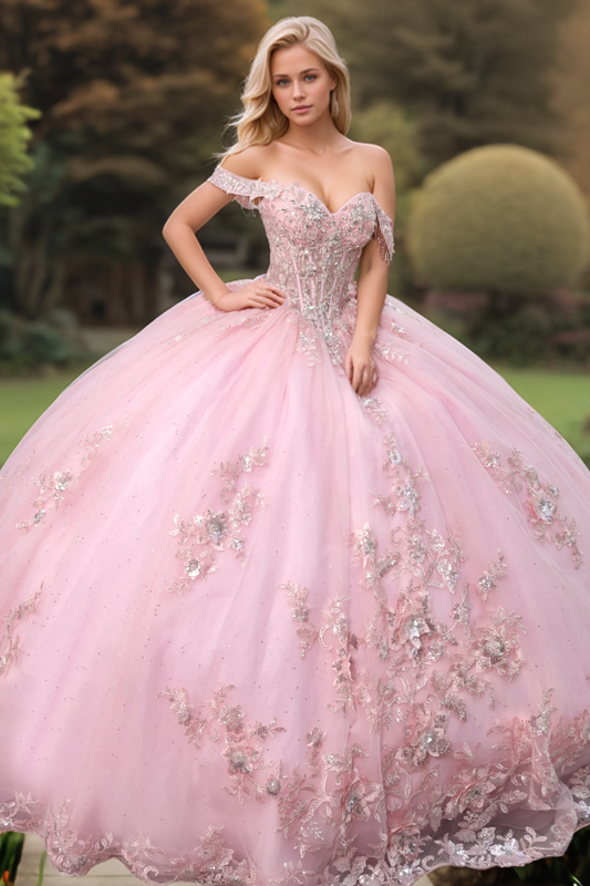 WQ1305 - Cute & Chic Ball Gown Off Shoulder Sleeveless Beaded Sequins Appliques Pink Tulle Quinceanera Dress Birthday Party Dress for Sweet 16