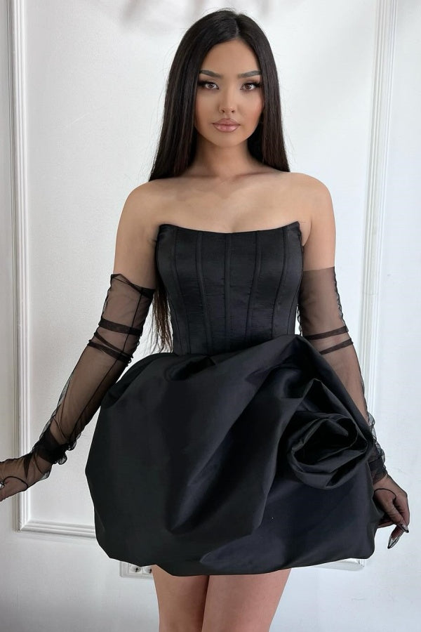 A-Line Boat Neck Ruched Black Homecoming Dress Party Dress WH1090