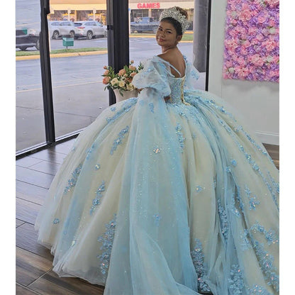 Sparkly Sky Blue Quinceanera Dress Ball Gown Champagne Lining Lace Applique Beading Corset Off Shoulder Glitter Tulle Princess Party Sweet 16 Dress