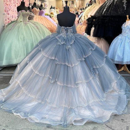 Off the Shoulder Princess Quinceanera Dresses Ball Gown 2024 Sweet 16 Girls Prom Dress Beads Tiered Ruffles Sparkly Tulle Lace Up Birthday Party Dress