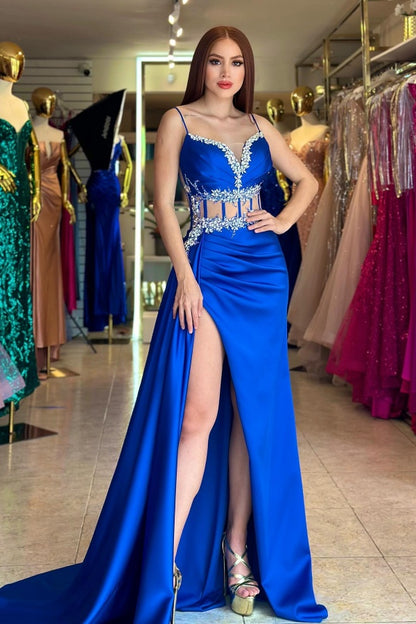 WU1051 - Elegant & Classic Sheath Strapless Sleeveless Pleated Crystal Formal Prom Dress Satin Pleated High Side Slit Back Zipper Evening Dress Wedding Dress Cocktail Gown