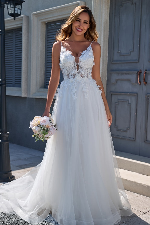 WW1005 - Elegant A-Line V Neck Spaghetti Straps Sleeveless Tulle Wedding Dress Appliques V Back Floor Length Bridal Gown