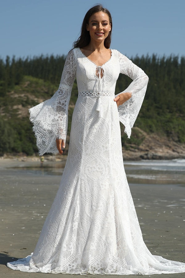 A-Line V Neck Long Sleves Backless Lace Boho Wedding Dress WW1050
