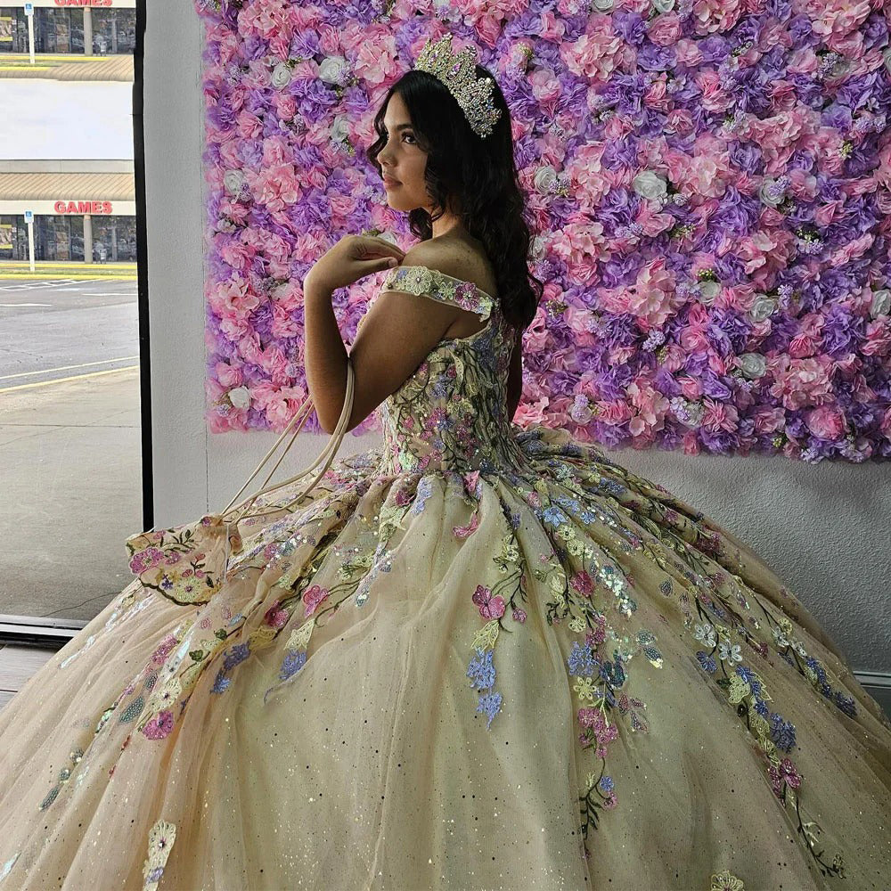Sequin Lace Sweet 16 Quinceanera Dresses Off The Shoulder 3D Floral Applique Beads Corset Glitter Tulle Masquerade Dress Birthday Prom Gowns