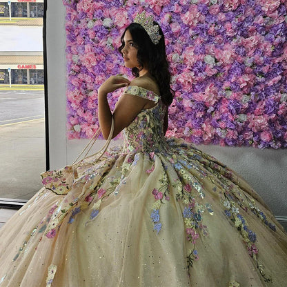 WQ1196 - Luxury & Glamorous Ball Gown Off Shoulder 3D Floral Applique Beaded Tulle Quinceanera Dress Birthday Party Gown for Sweet 16