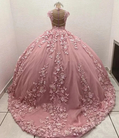 WQ1023 -Elegant Ball Gown Sweetheart Neck Sleeveless 3D Flower Appliques Beaded Pink Tulle Princess Gown Quinceanera Dress for Sweet 16