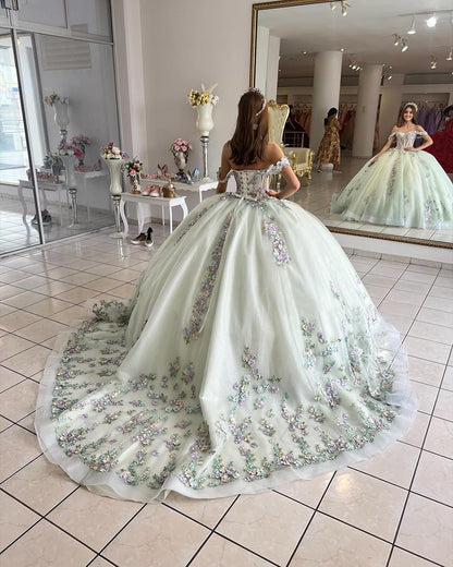 Mintgrünes Prinzessinnen-Ballkleid Quinceanera-Kleid, schulterfrei, Korsett, 3D-Blumen, Spitzenapplikationen, geschwollene Perlen, Sweet 16, Abschlussball, Partykleid