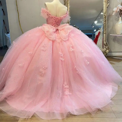 Pink Off The Shoulder 3D Butterfly Sequin Quinceanera Dresses Puffy Ball Gown Beading Appliques Lace Bow Tulle Sweet 16 Princess Party Gown